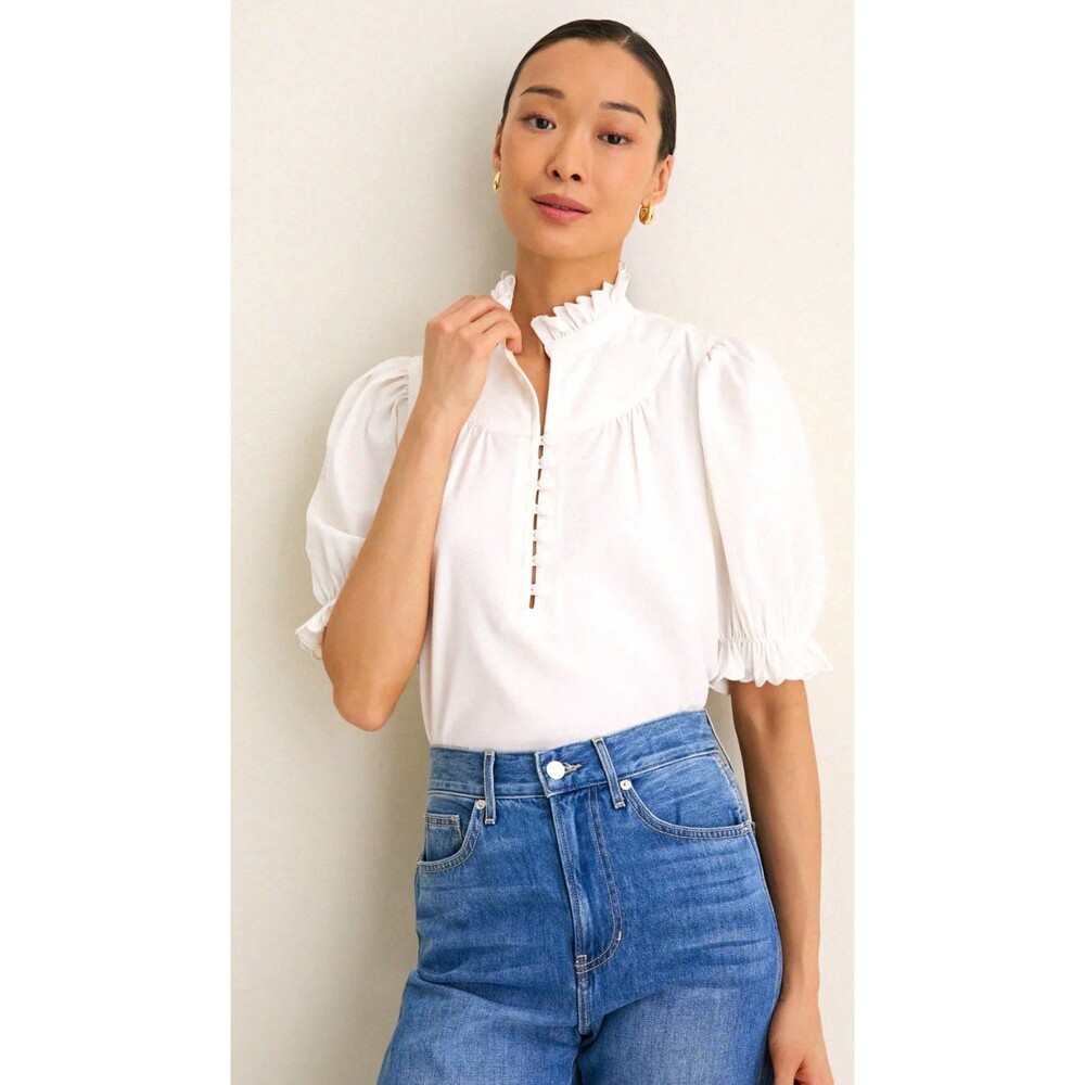 Pomander Place Selena Blouse Mock Neck Ruffle Puff Short Sleeve Button Blouse M